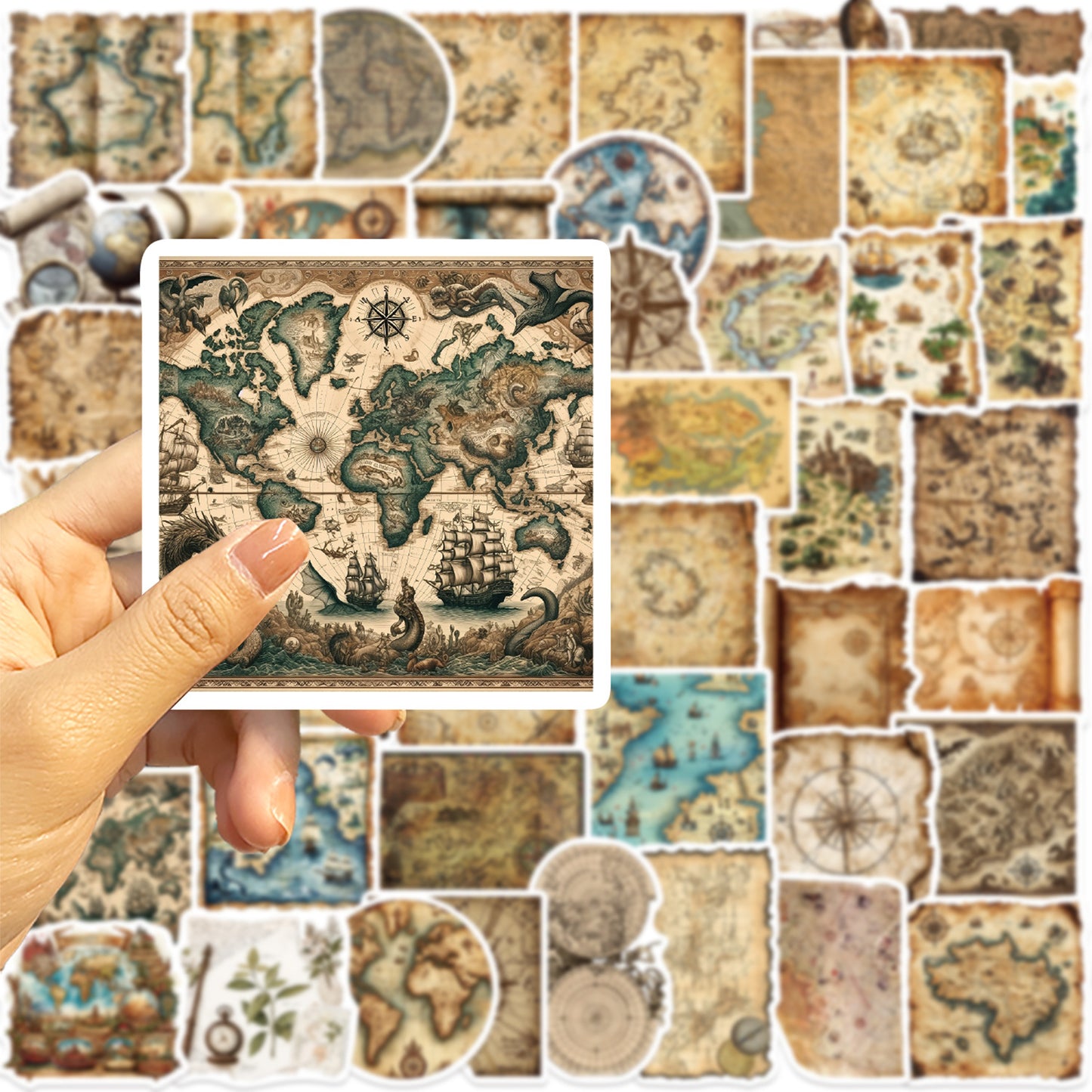50张复古世界地图旅行涂鸦贴纸装饰DIY手账本行李箱笔记防水贴画