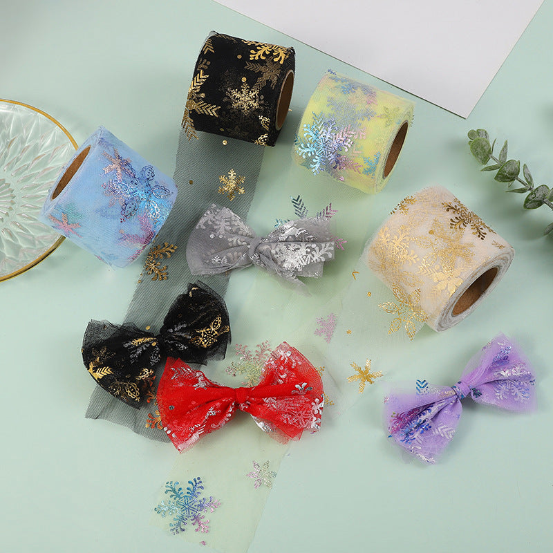 6cm宽幻彩雪花薄纱织带网纱卷花边发夹头饰蝴蝶结辅料儿童裙装饰