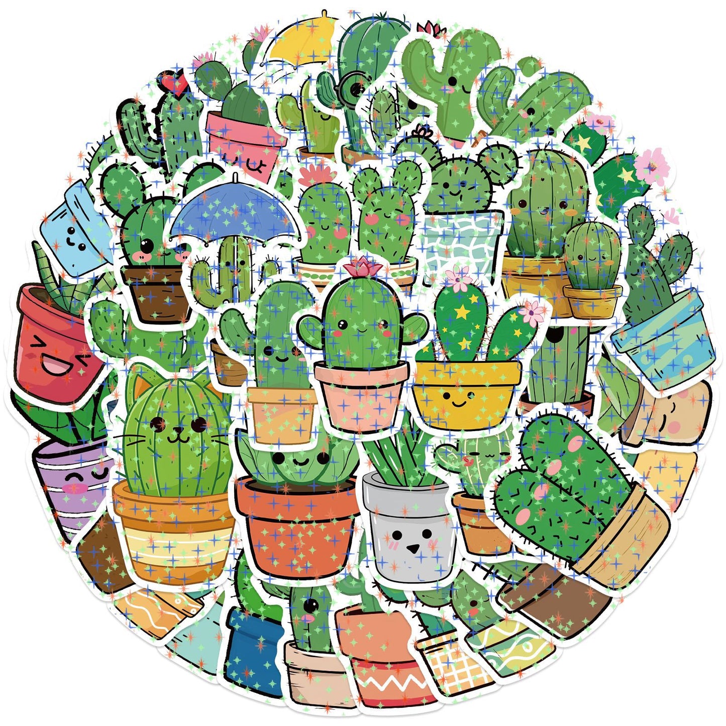 【星星膜】50张绿色植物盆栽卡通仙人掌防水贴纸diy行李箱装饰贴