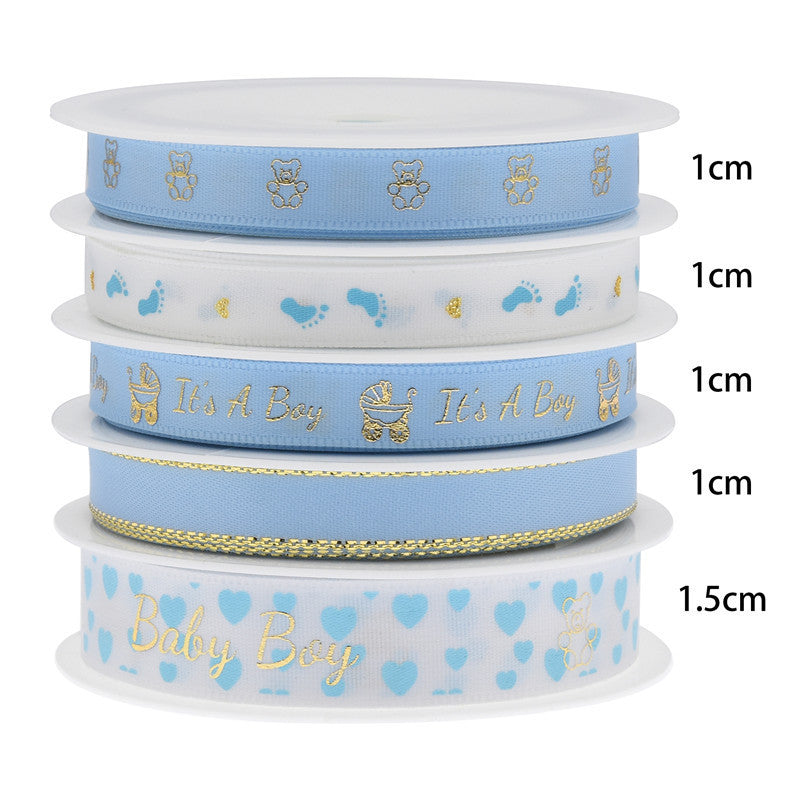 Rivora - Teddy-and-Footprint Blue-and-White Printed Ribbon