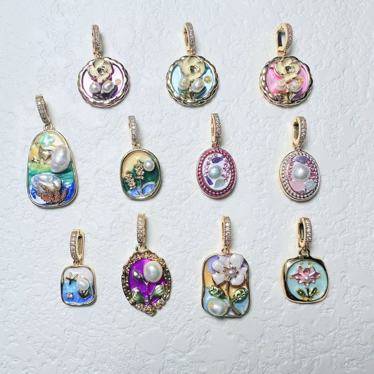 中古油画风项链吊坠diy手工项链坠子巴洛克珍珠花朵滴釉款毛衣链