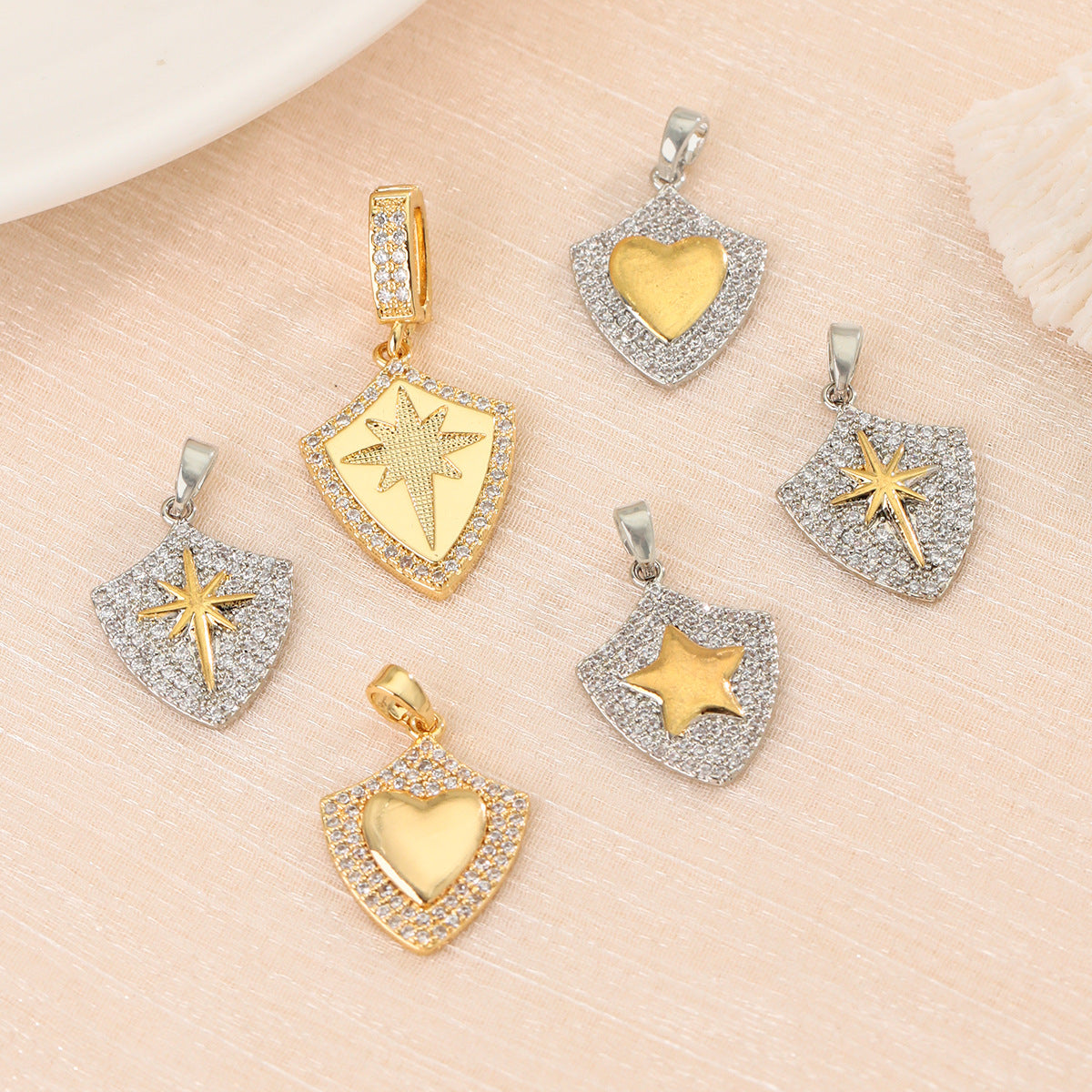 跨境星星五角星六角星芒盾牌保色铜镀金项链吊坠挂坠饰品diy配件