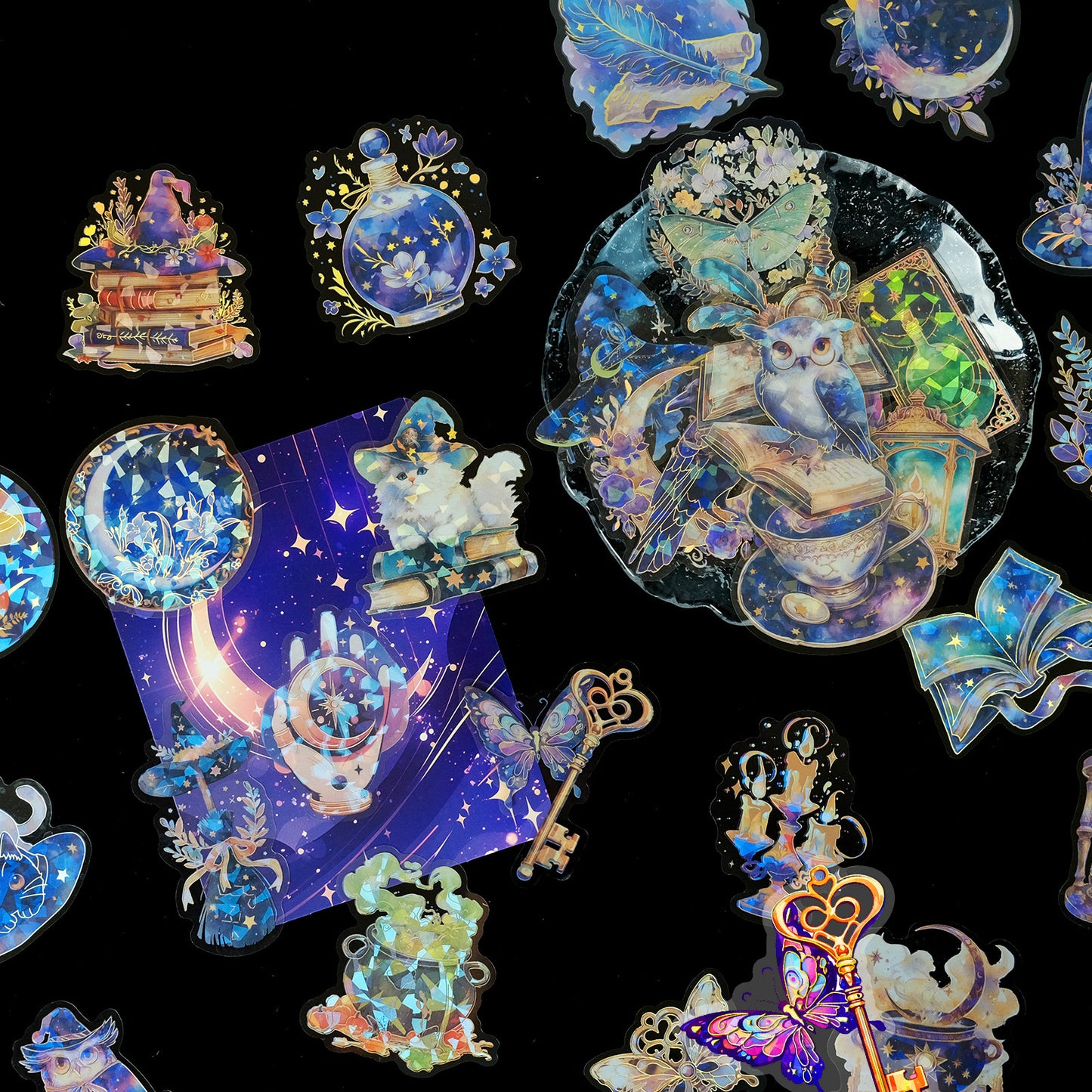 30张魔法元素系列神秘猫咪PET烫金贴纸镭射贝壳光DIY手帐素材贴纸