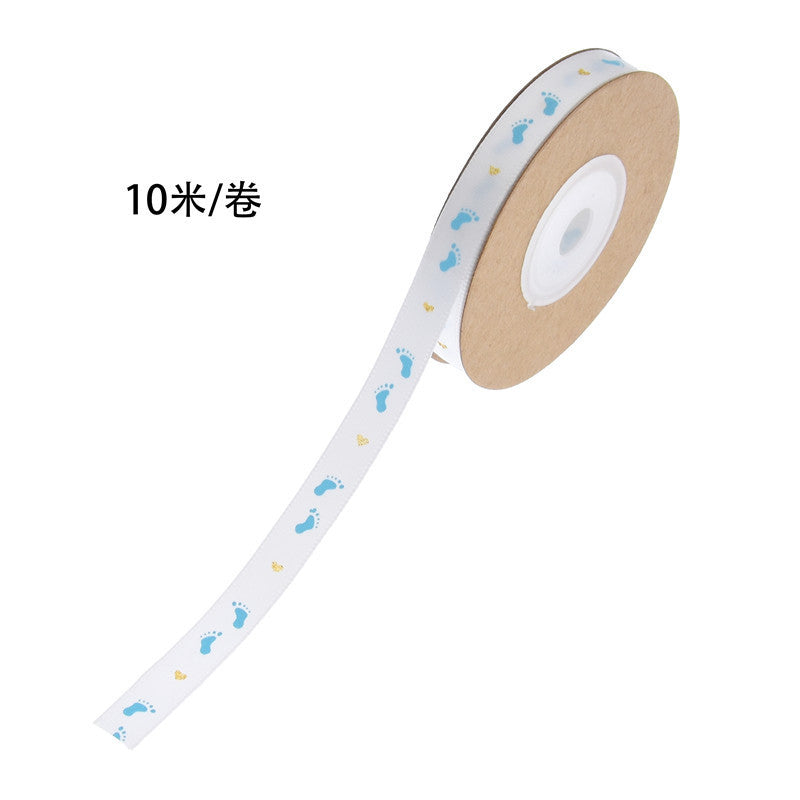 Rivora - Teddy-and-Footprint Blue-and-White Printed Ribbon