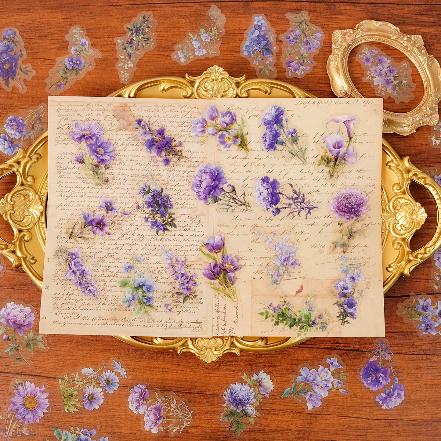 50张紫色花卉手帐PET素材贴纸百合薰衣草装饰防水梦幻贴画热卖