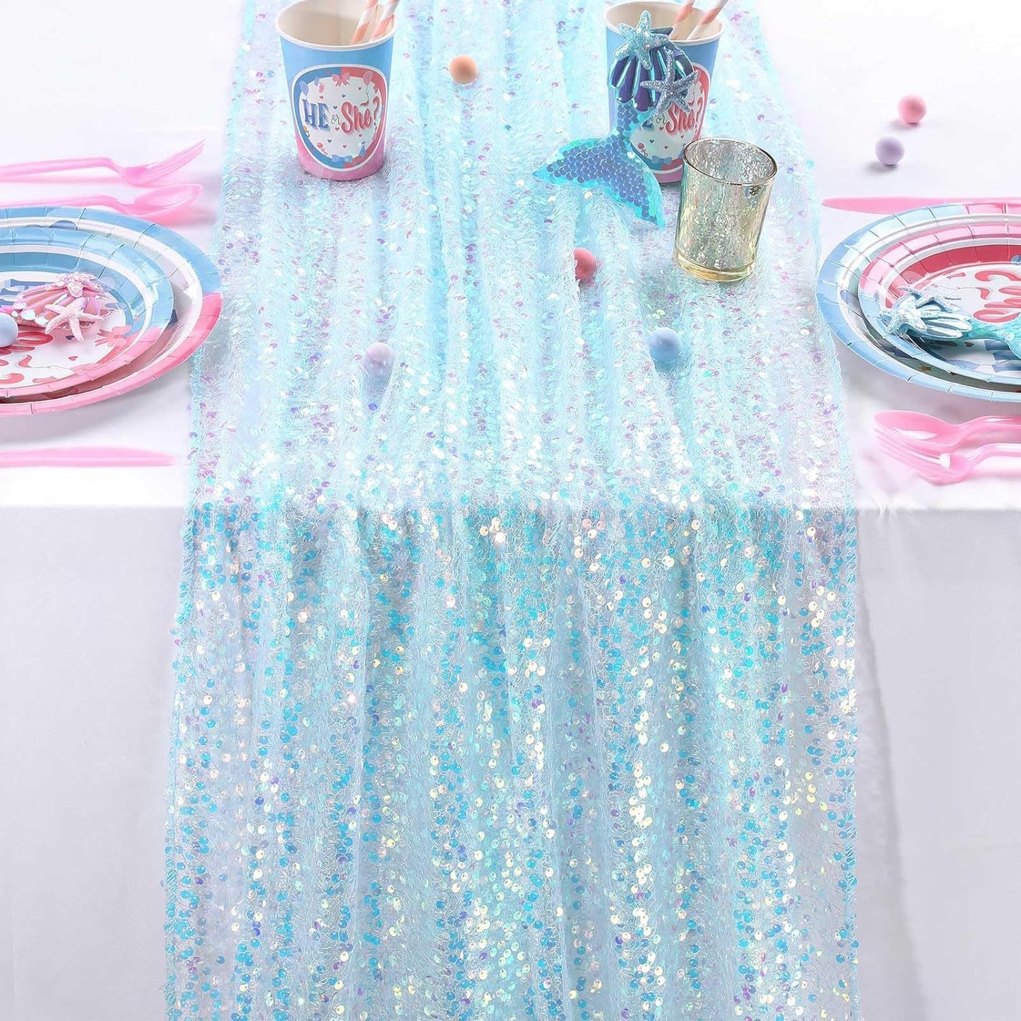 跨境爆款美人鱼闪光亮片桌旗桌布通婚庆派对节日背景装饰桌旗