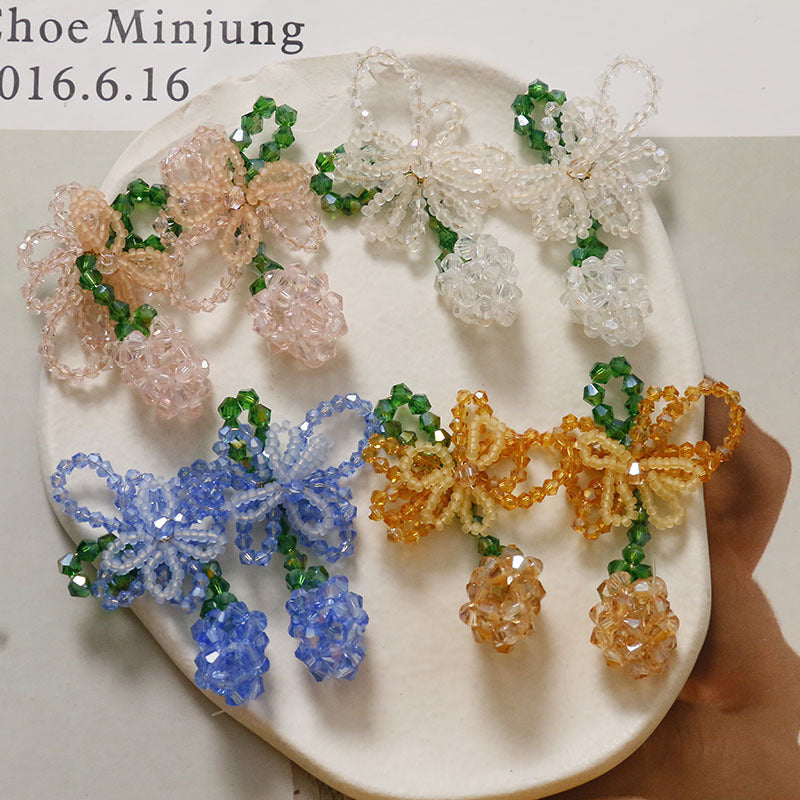 夏季新品清新甜美彩色花朵绿色果实蝴蝶结长款DIY饰品耳环女配件