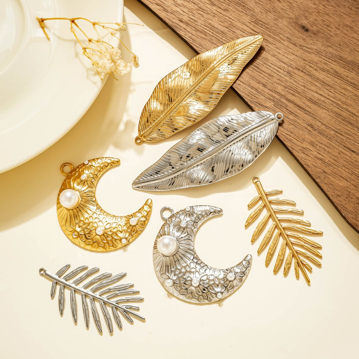 Elvane - Pearl-Like Crescent and Leaf Pendant Only