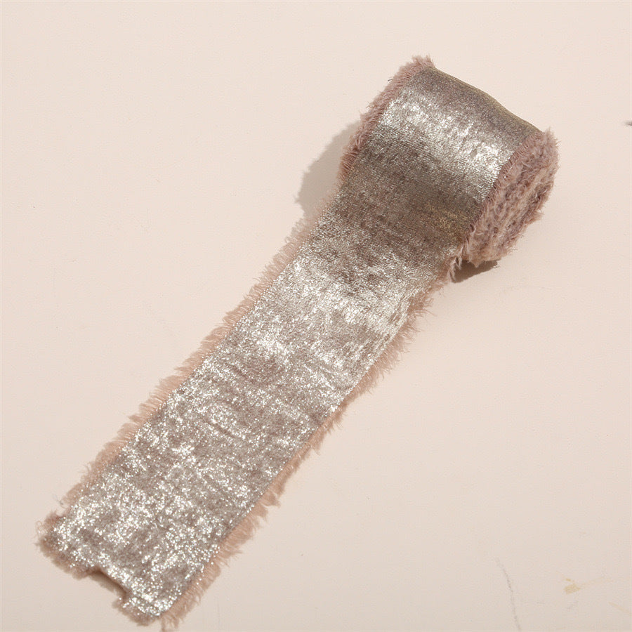 ins手撕毛边烫金毛绒丝带 跨境礼盒包装婚礼手捧花流苏真丝绑飘带