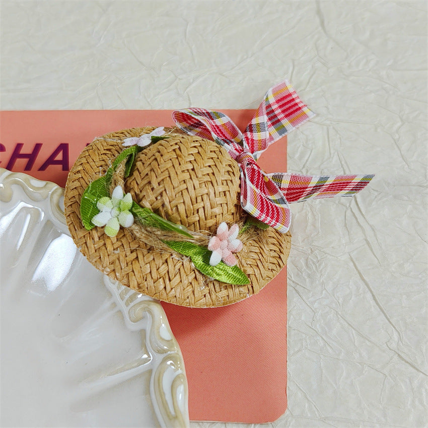 夏日编织蝴蝶结草帽迷你可爱小清新日系草帽公仔玩偶发饰装饰配件