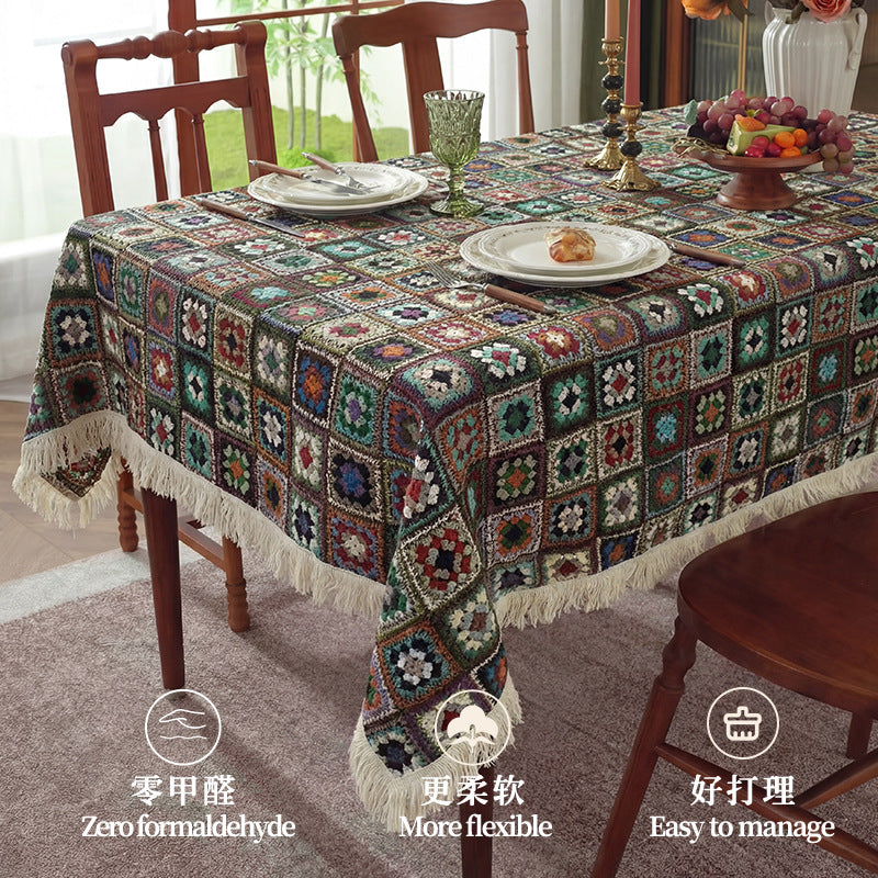 跨境专供复古手工桌布彩色棉纱编织流苏台布ins风波西米亚餐桌垫