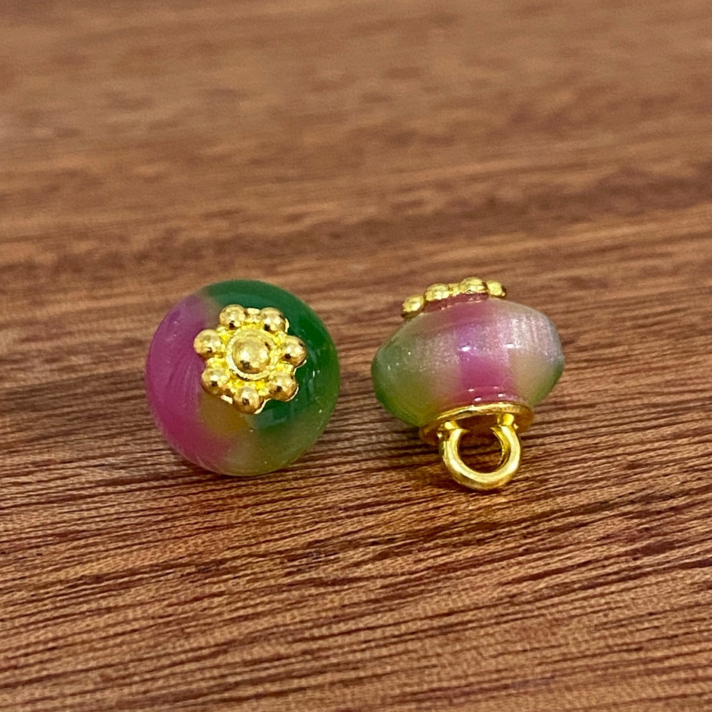 新中式三色渐变树脂扁珠旗袍纽扣复古金花托汉服盘扣服装辅料批发