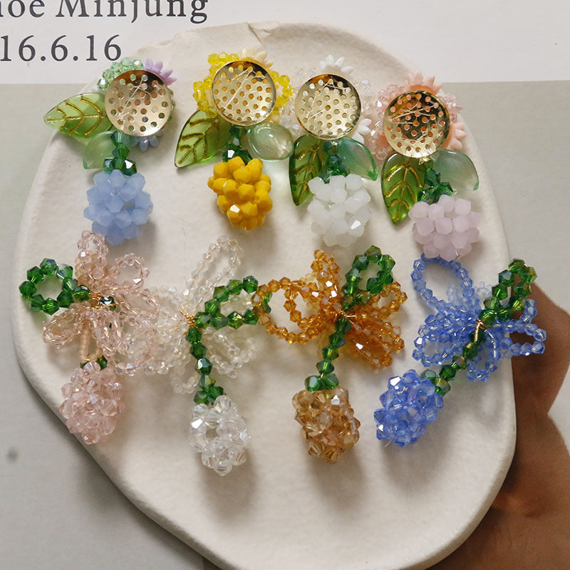 夏季新品清新甜美彩色花朵绿色果实蝴蝶结长款DIY饰品耳环女配件