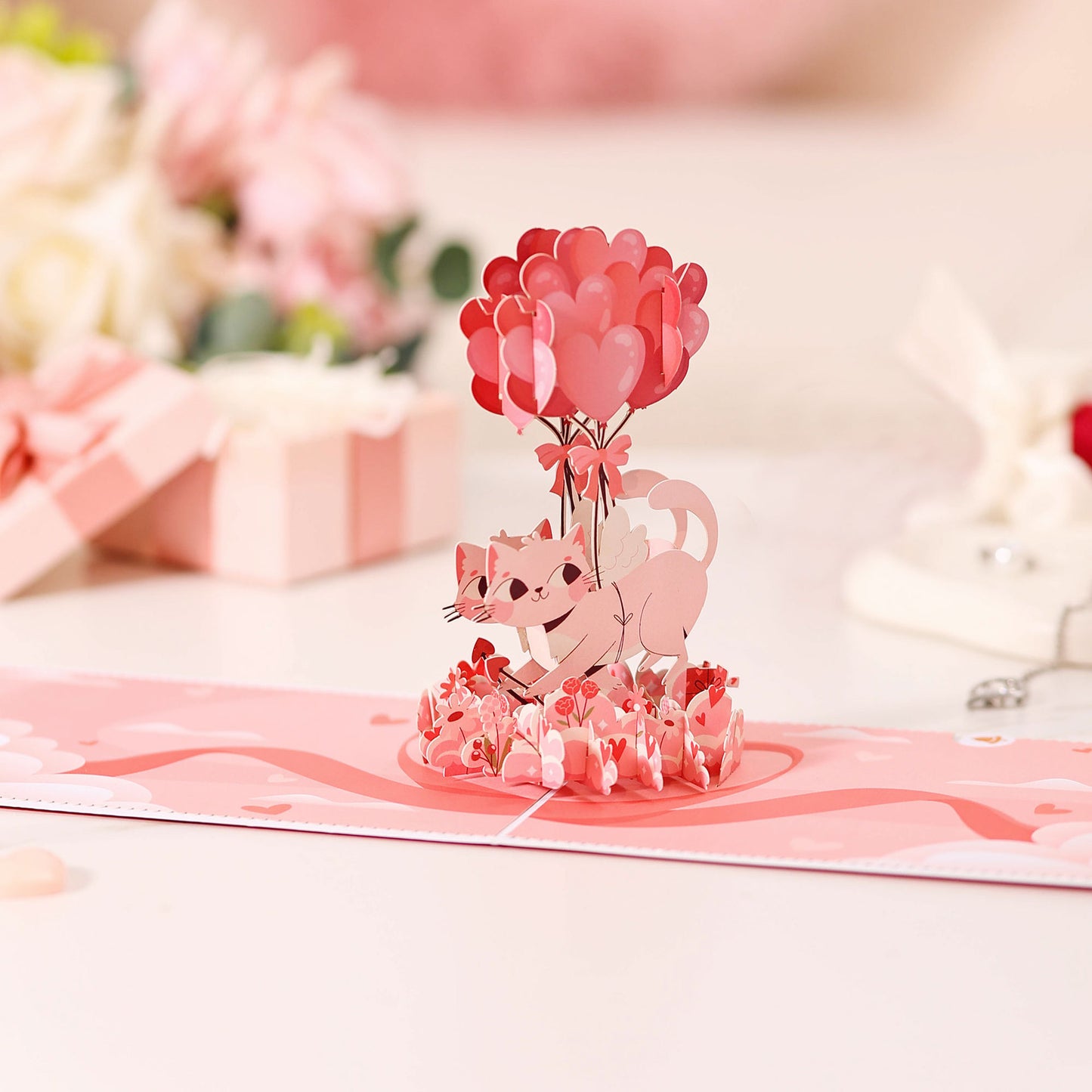 丘比特猫爱心气球3D立体贺卡情人节生日情侣告白少女心纸雕祝福卡