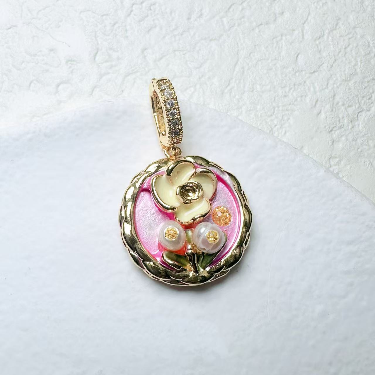 中古油画风项链吊坠diy手工项链坠子巴洛克珍珠花朵滴釉款毛衣链