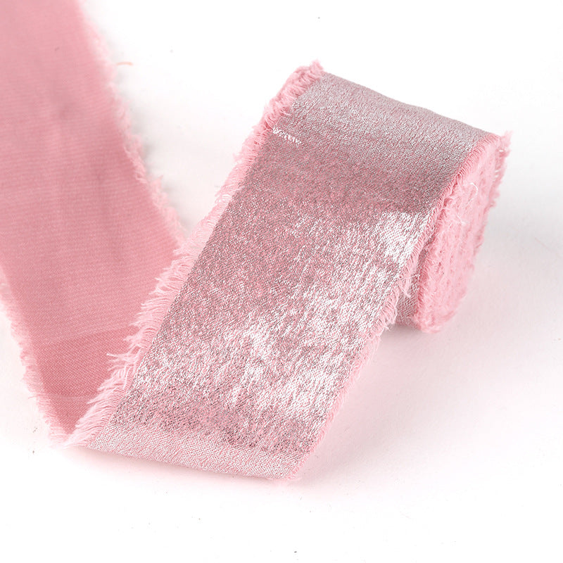 ins手撕毛边烫金毛绒丝带 跨境礼盒包装婚礼手捧花流苏真丝绑飘带