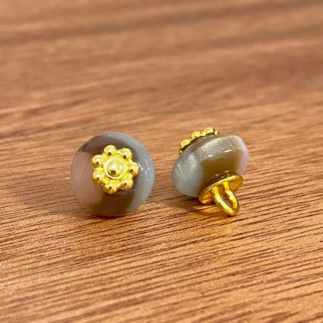 新中式三色渐变树脂扁珠旗袍纽扣复古金花托汉服盘扣服装辅料批发