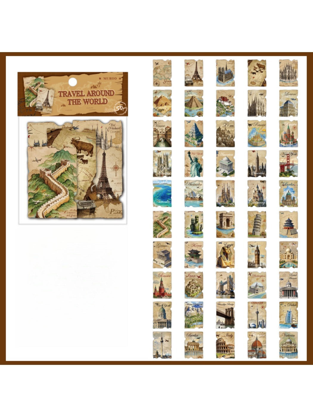 Sticker pack partially opened revealing colorful postage stamp style stickers inside