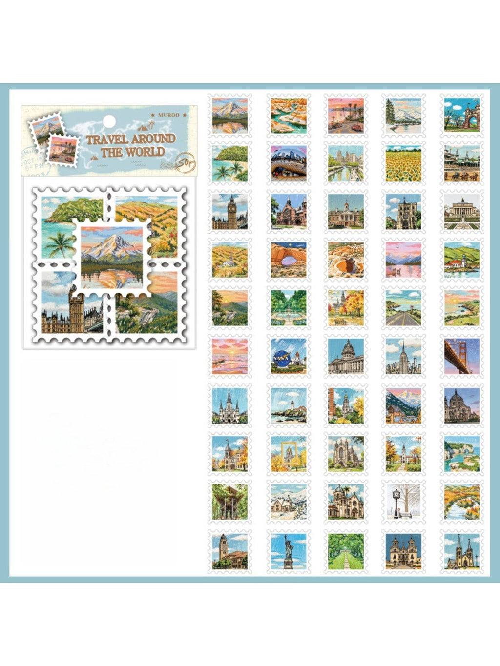 Assorted postage stamp stickers scattered on a wooden table
