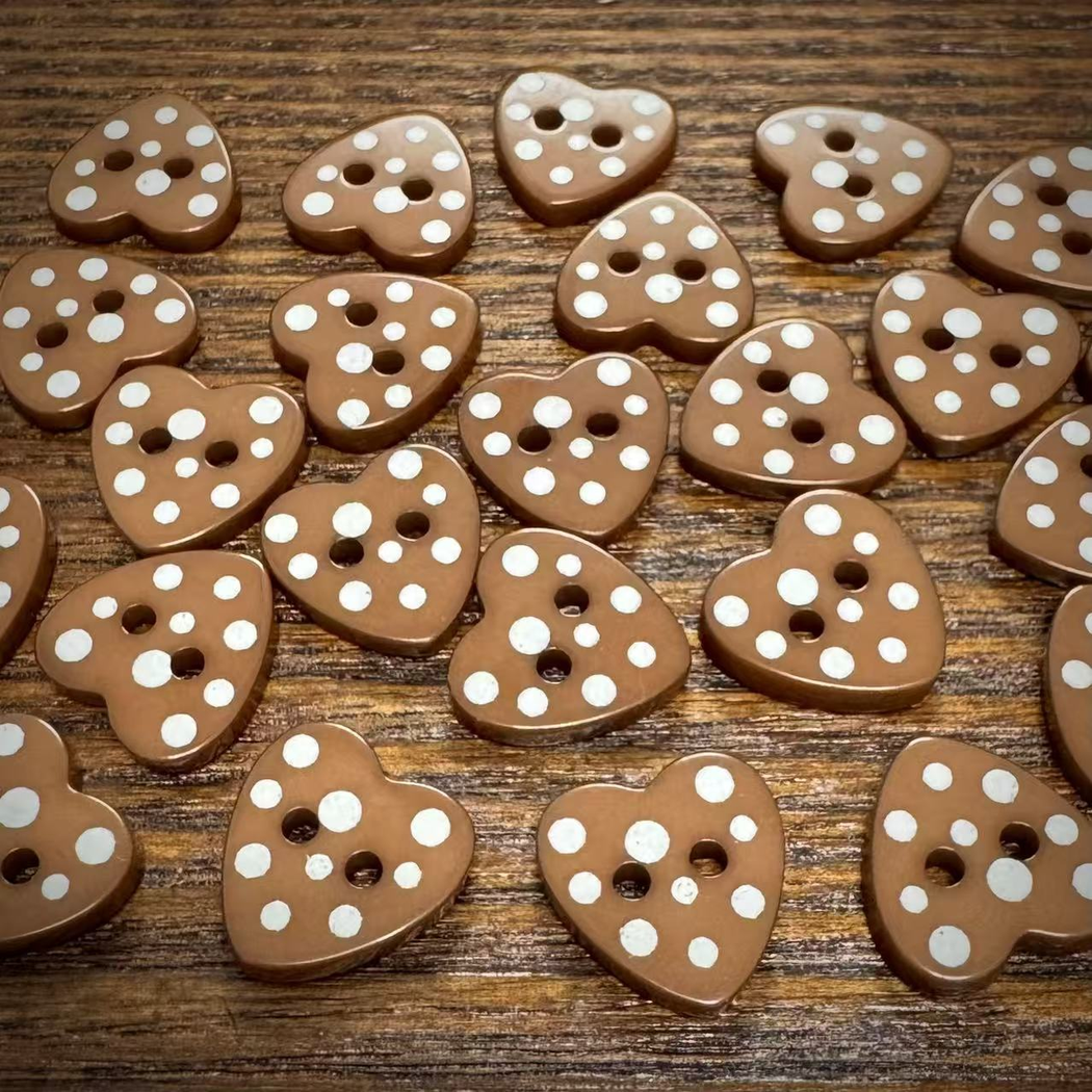 Bunli - DIY 10 Pack Brown Polka Dot Heart Button