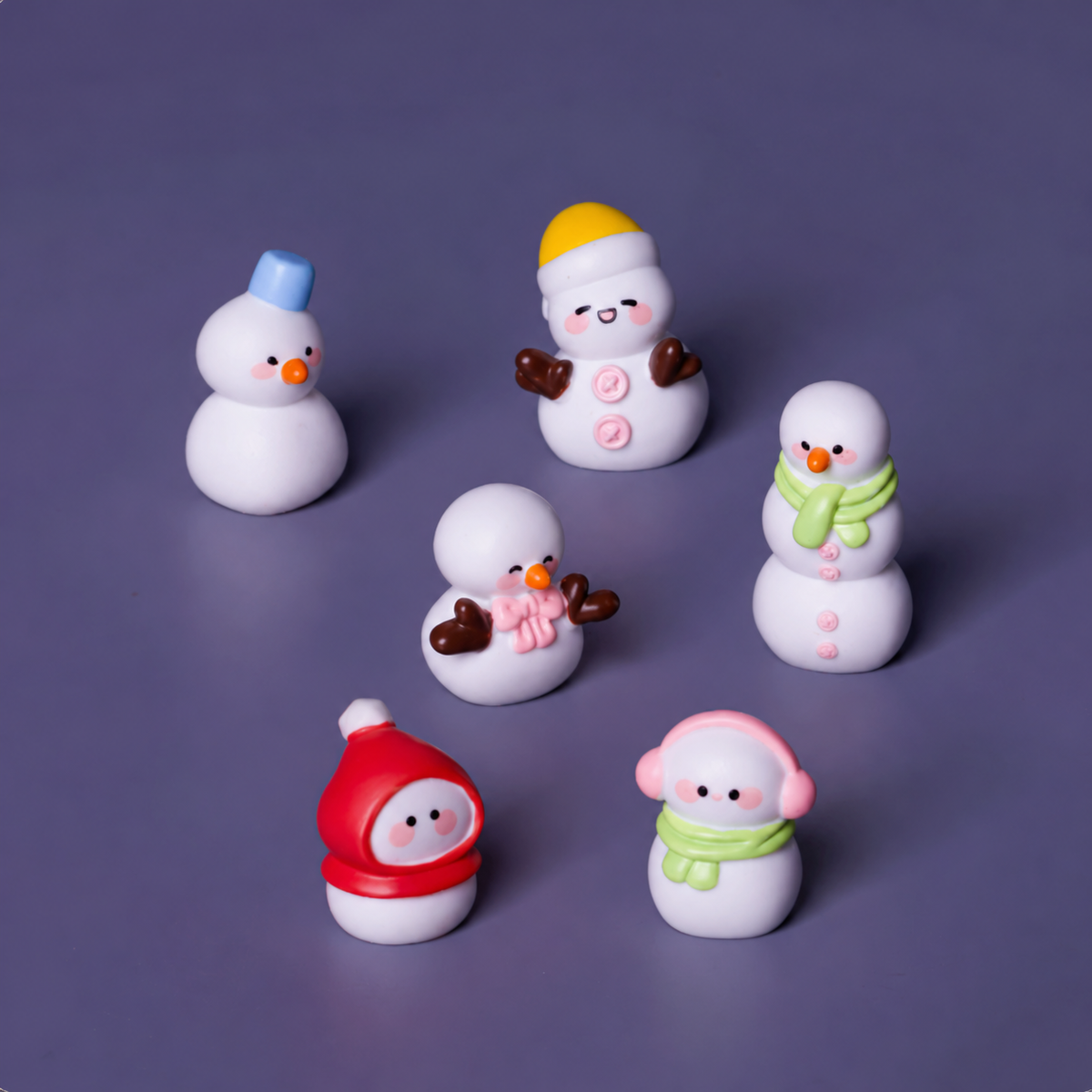 winter six-style snowman figurine group in purple studio scene