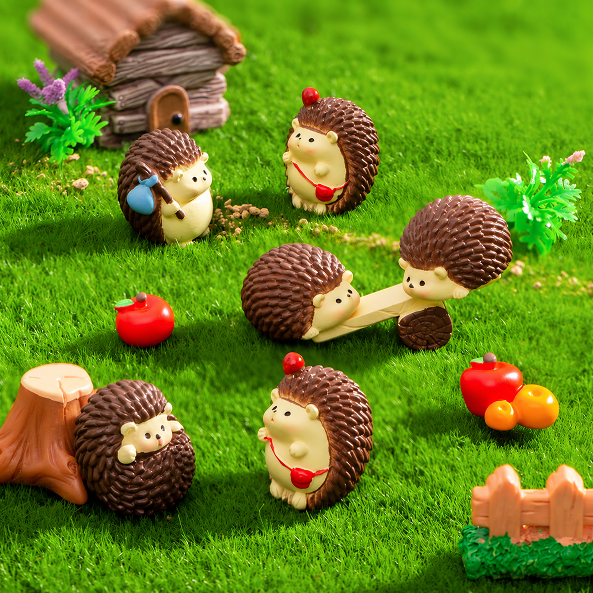 Objella Colorful Seven-Style Hedgehog Figurine complete group scene