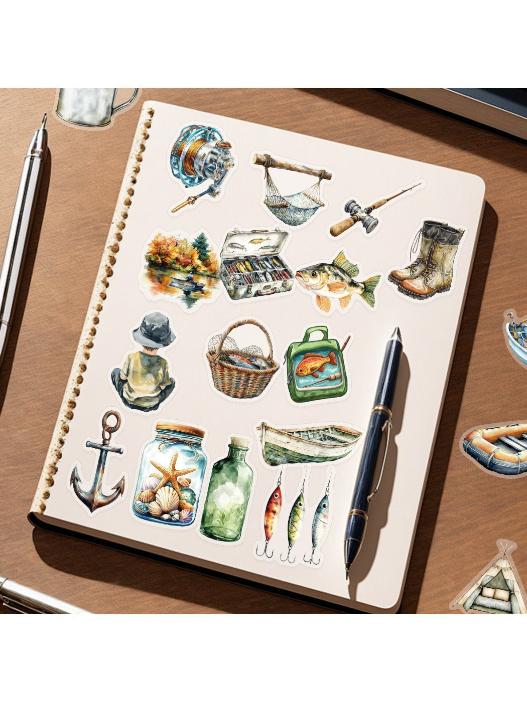 Watercolor sticker of a fishing rod with a fish on the line