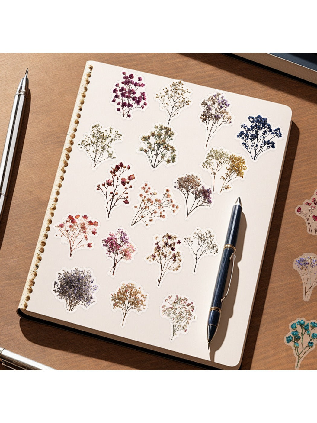 Close-up of colorful vintage floral stickers featuring roses and daisies from Lunira pack