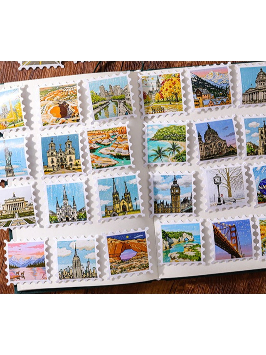 Sticker sheet showing vintage-inspired postage stamp designs with floral and animal motifs