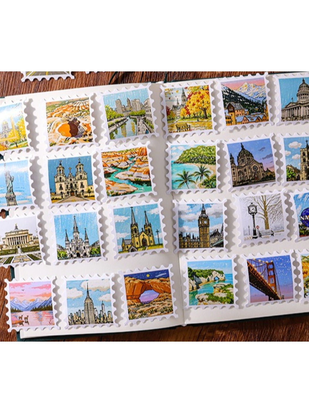 Sticker sheet showing vintage-inspired postage stamp designs with floral and animal motifs