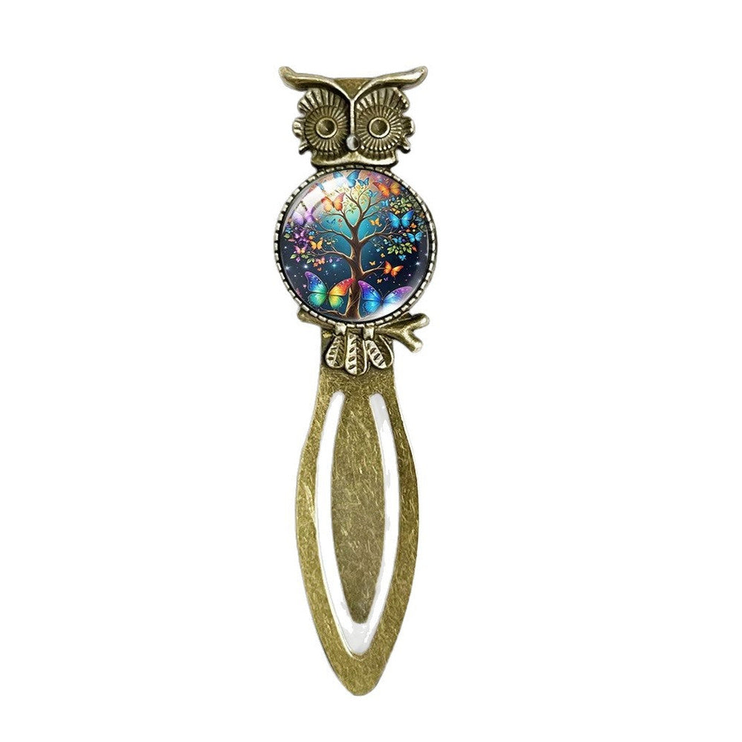 Antique gold owl bookmark with round butterfly tree cabochon