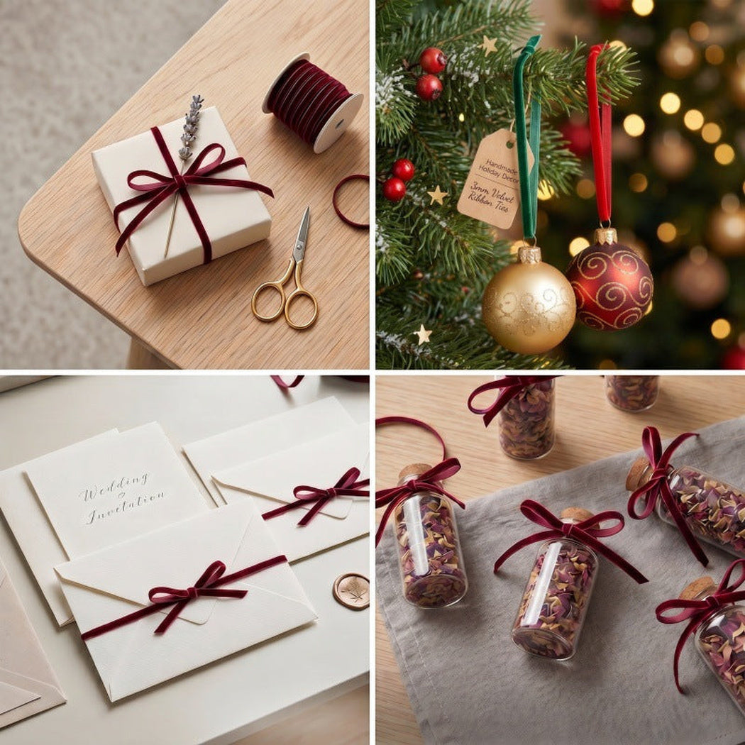 Four-panel burgundy velvet ribbon craft collage with gifts, ornaments, invitations, and bottle favors