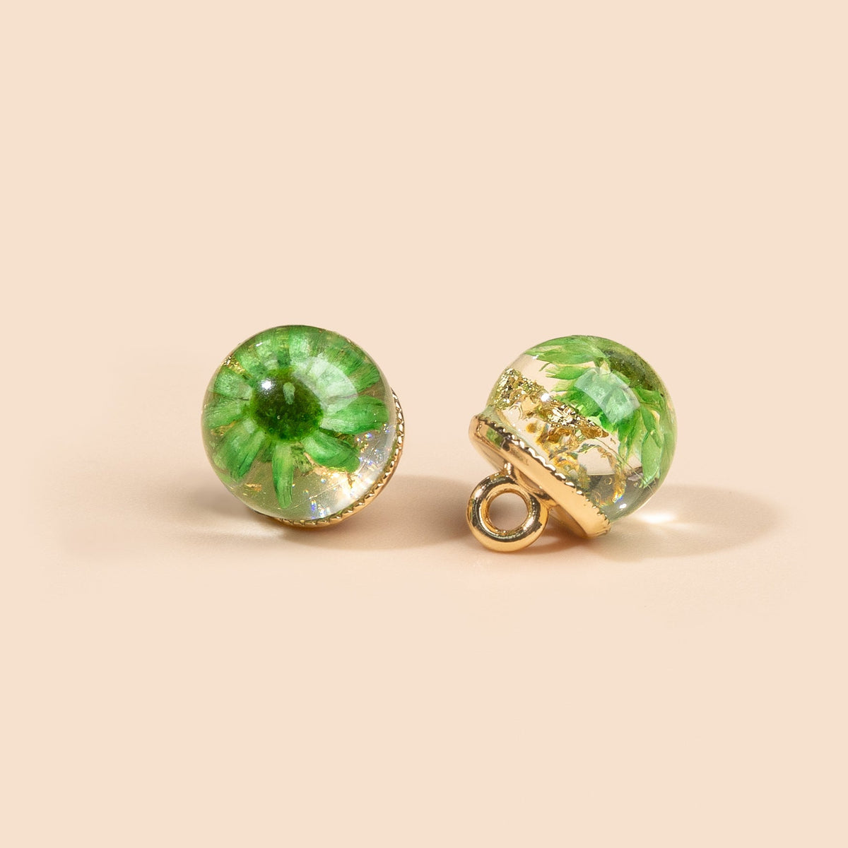 Green floral dome shank button front and side views