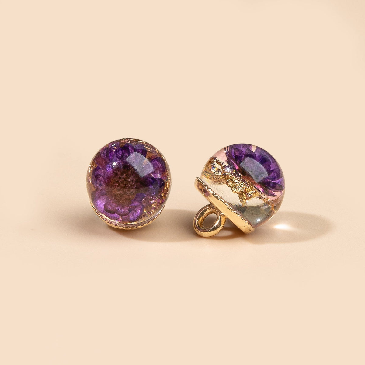 Violet floral dome shank button front and side views