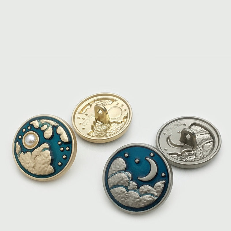 Celestial cloud buttons in gold and silver tones, front and back