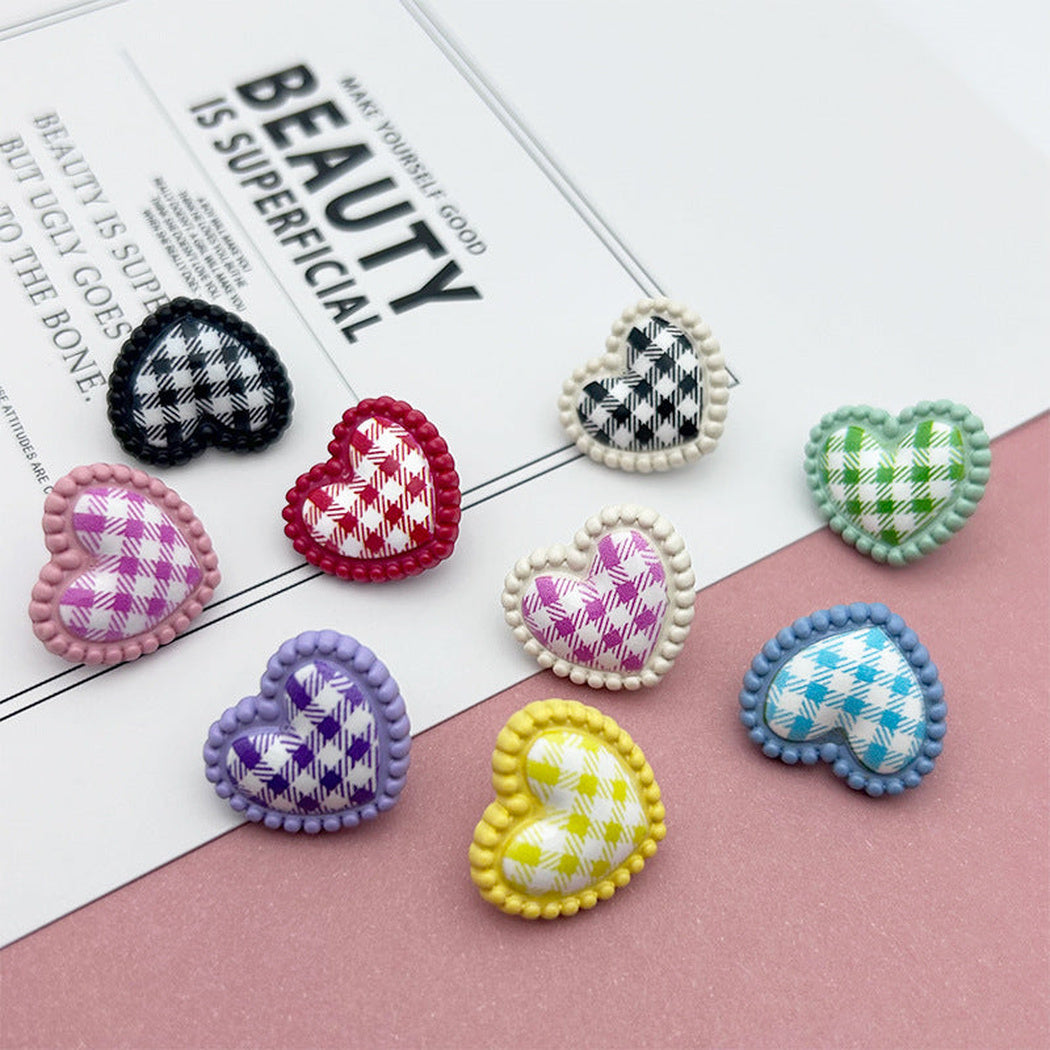 Bunli - DIY 10 Pack Heart-Shaped Gingham Shank Button