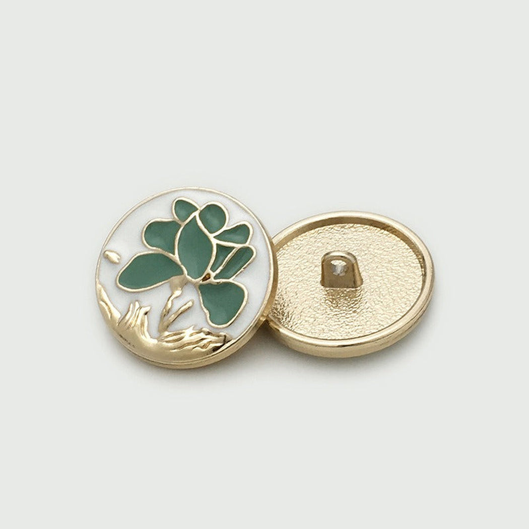 Green and white lotus scene button, front and back