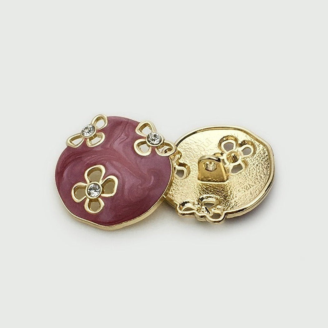 Red floral motif shank button with front and reverse views