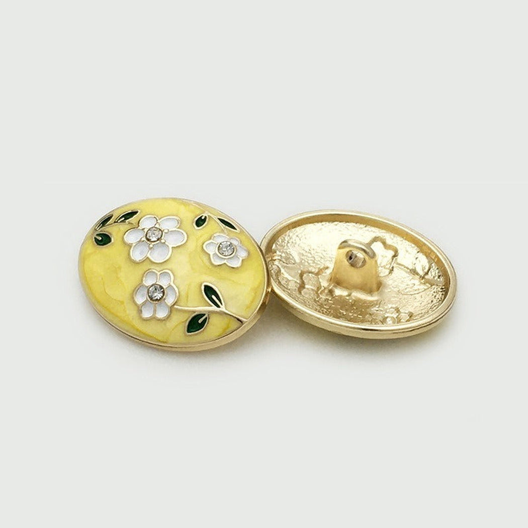 Yellow floral motif shank button with front and reverse views
