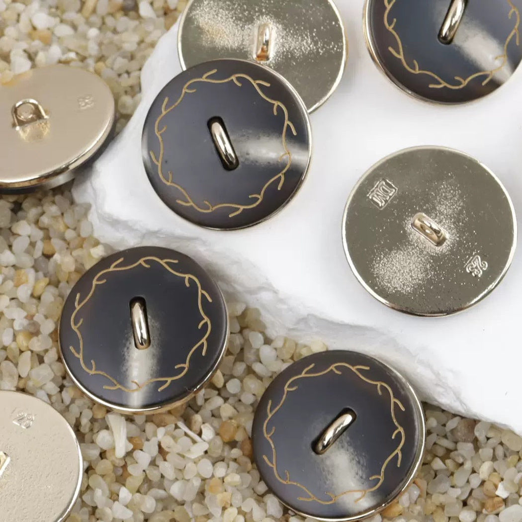 Dark coffee vine border shank buttons with front and reverse views