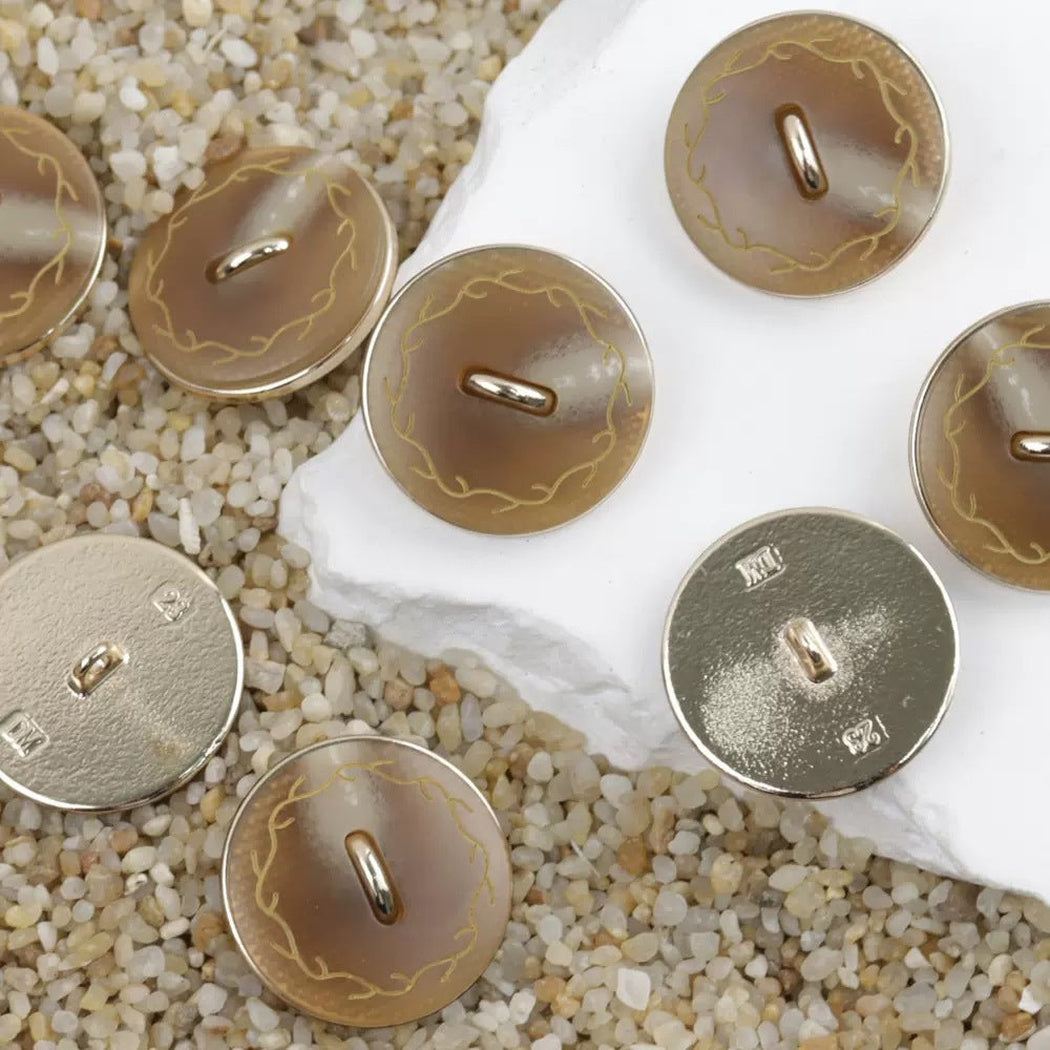 Coffee brown vine border shank buttons with front and reverse views