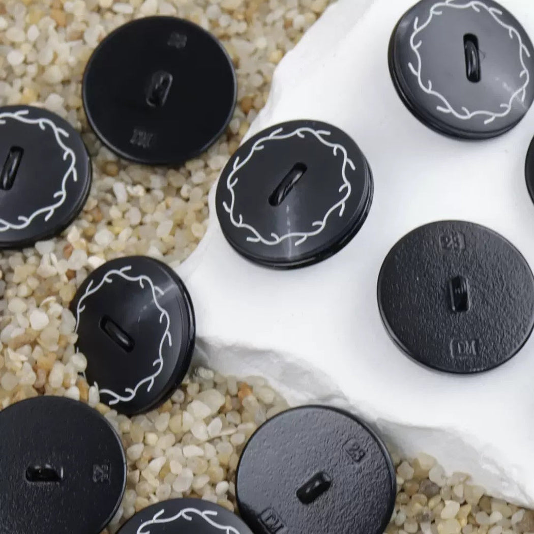 Black gray vine border shank buttons with front and reverse views